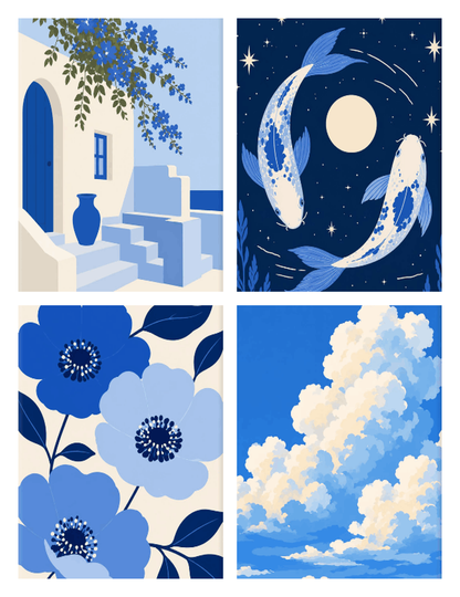 Coffret de 4 peintures par numéro Rêverie en Bleu, les mini-toiles à plat, Maison Artsen