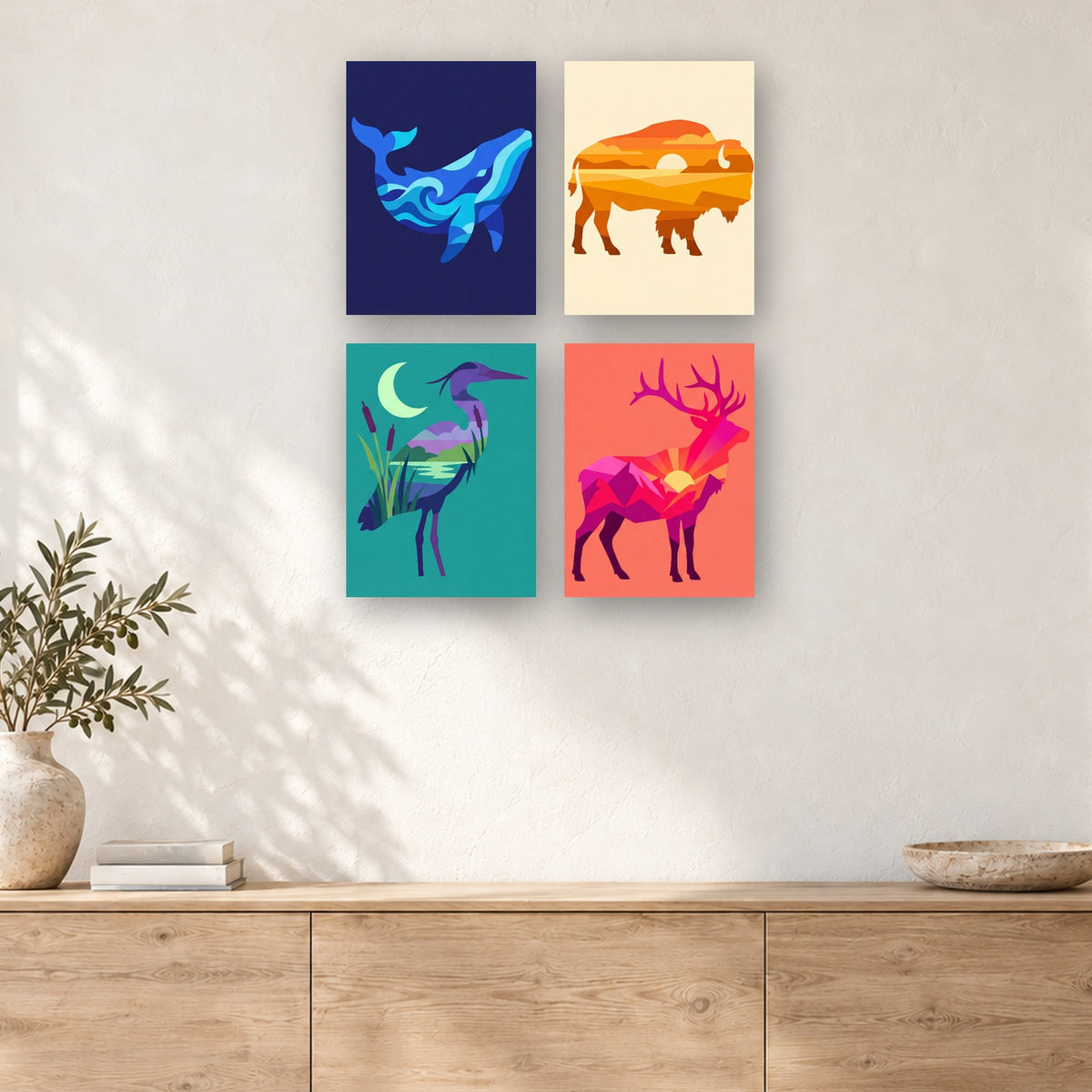 Coffret de 4 peintures par numéro Paysages en Silhouette, mini-toiles présentées au mur, Maison Artsen