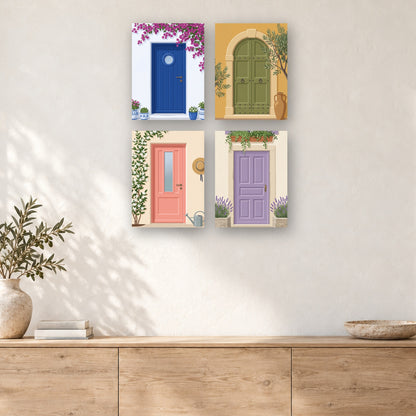Coffret de 4 peintures par numéro Seuils Fleuris, mini-toiles présentées au mur, Maison Artsen