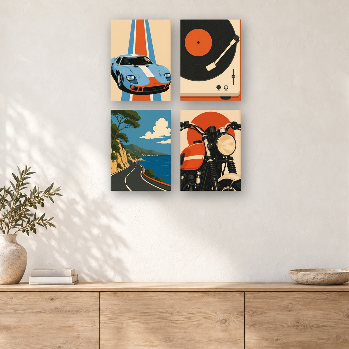 Coffret de 4 peintures par numéro Évasion Rétro, mini-toiles présentées au mur, Maison Artsen