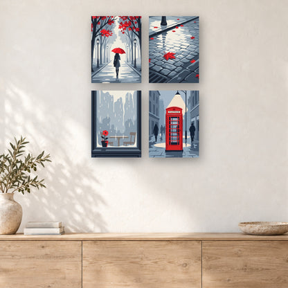 Coffret de 4 peintures par numéro Parapluie Rouge sous la Pluie, mini-toiles présentées au mur, Maison Artsen