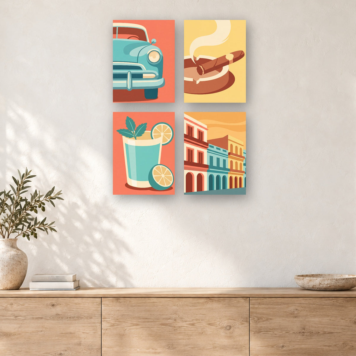 Coffret de 4 peintures par numéro Après-Midi à La Havane, mini-toiles présentées au mur, Maison Artsen