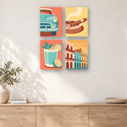 Coffret de 4 peintures par numéro Après-Midi à La Havane, mini-toiles présentées au mur, Maison Artsen