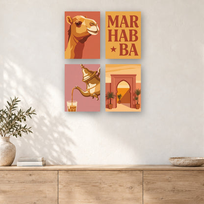 Coffret de 4 peintures par numéro Douceur de Marrakech, mini-toiles présentées au mur, Maison Artsen