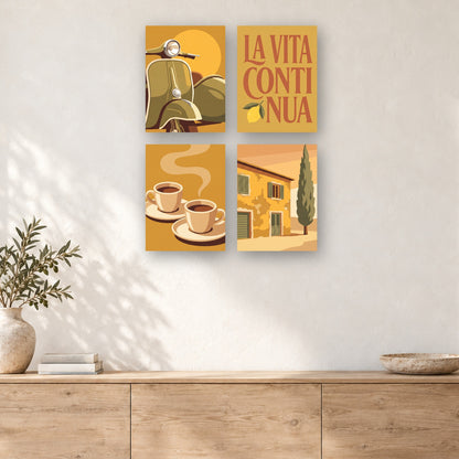Coffret de 4 peintures par numéro Scooter et Espresso, mini-toiles présentées au mur, Maison Artsen