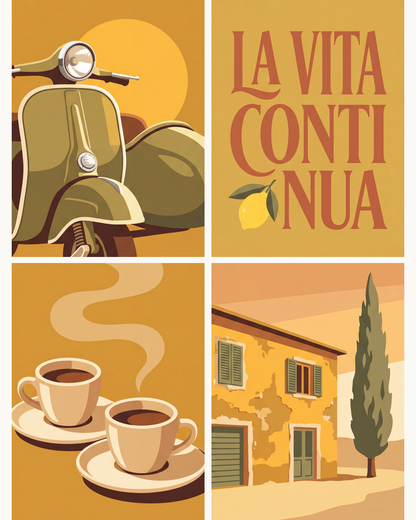 Coffret de 4 peintures par numéro Scooter et Espresso, les mini-toiles à plat, Maison Artsen