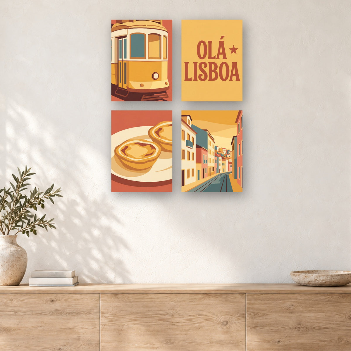 Coffret de 4 peintures par numéro Tramway de Lisbonne, mini-toiles présentées au mur, Maison Artsen