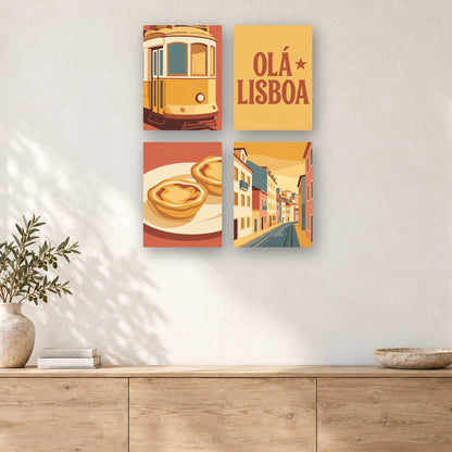 Coffret de 4 peintures par numéro Tramway de Lisbonne, mini-toiles présentées au mur, Maison Artsen