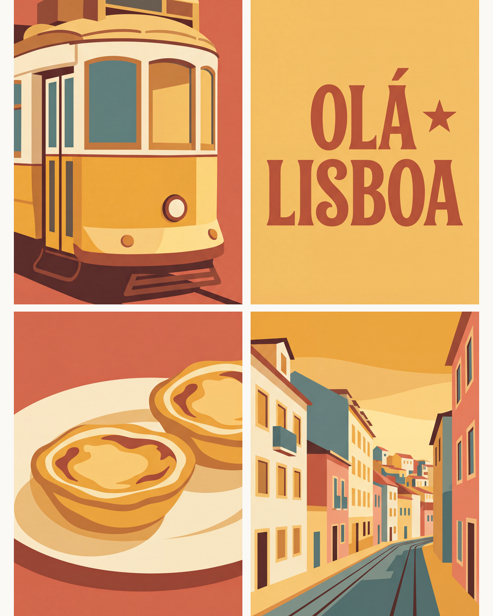 Coffret de 4 peintures par numéro Tramway de Lisbonne, les mini-toiles à plat, Maison Artsen