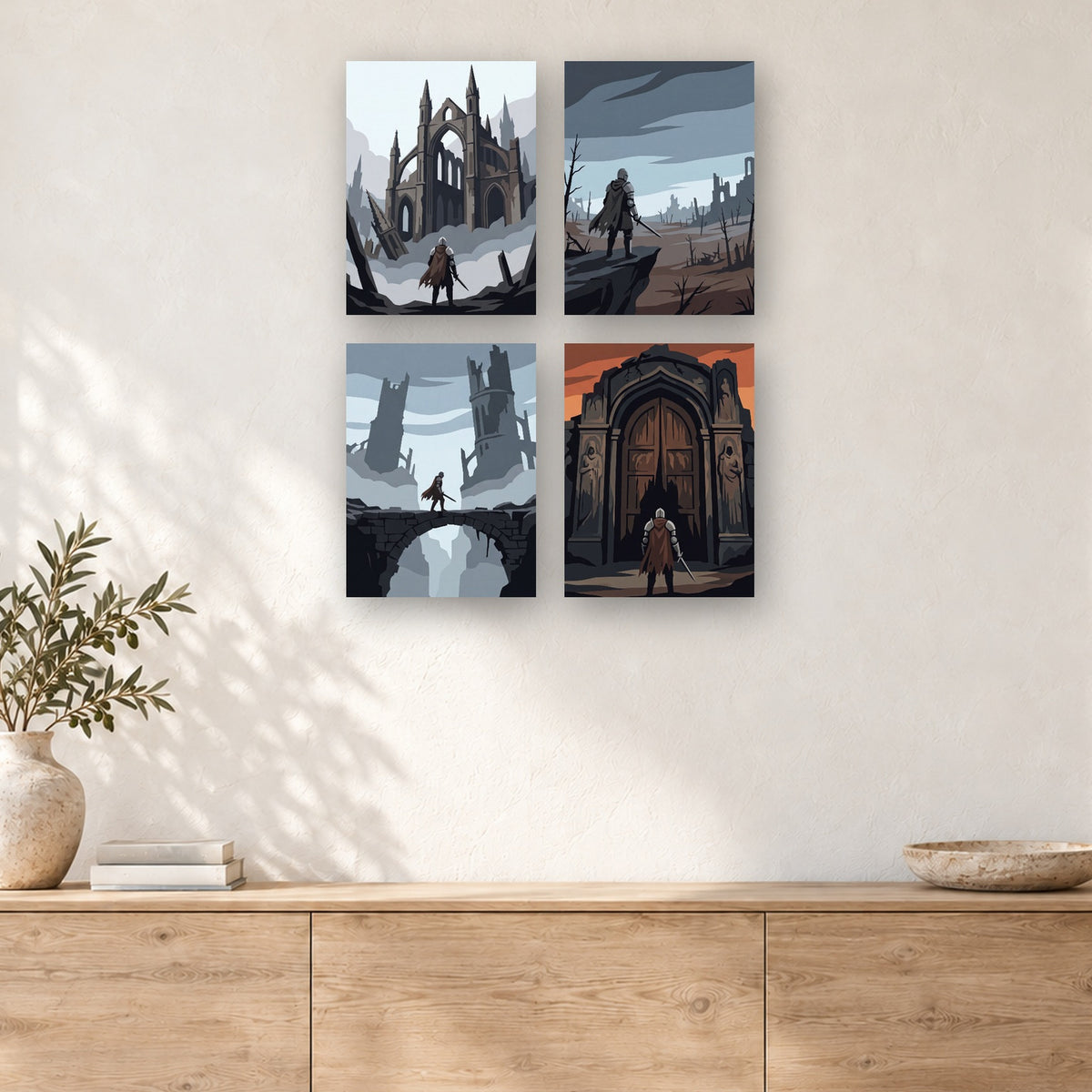 Coffret de 4 peintures par numéro Chevalier des Ruines, mini-toiles présentées au mur, Maison Artsen