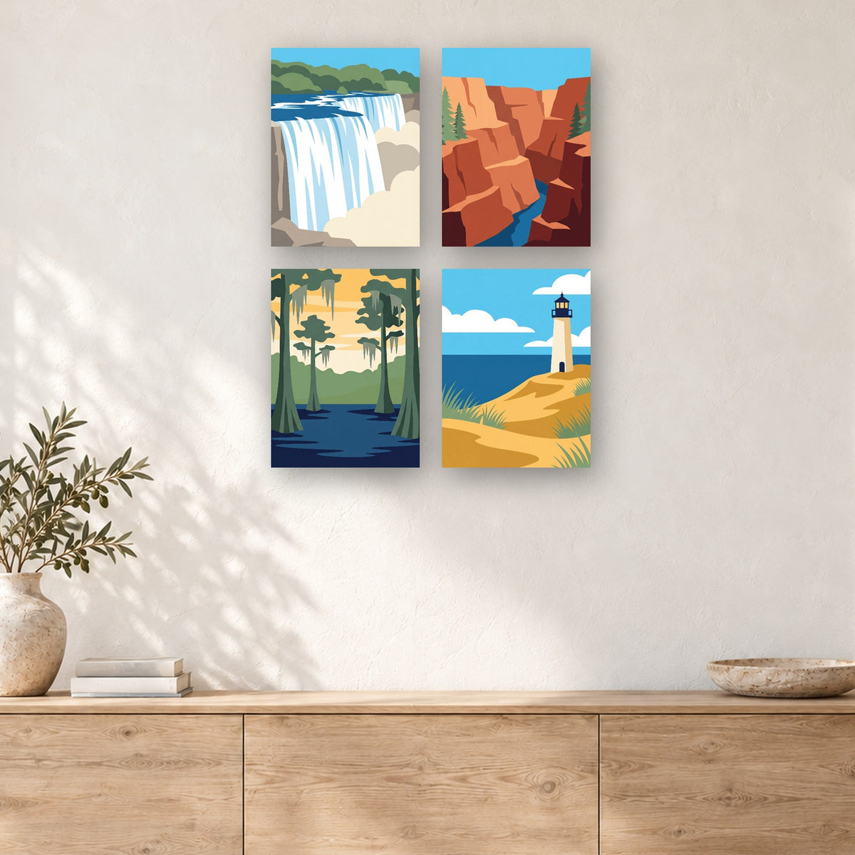 Coffret de 4 peintures par numéro Grands Espaces Américains, mini-toiles présentées au mur, Maison Artsen