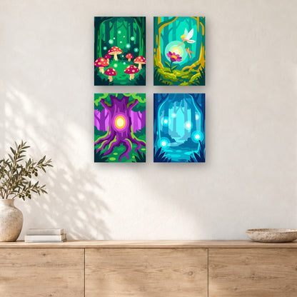 Coffret de 4 peintures par numéro Bois des Fées, mini-toiles présentées au mur, Maison Artsen
