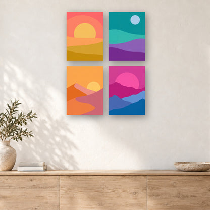 Coffret de 4 peintures par numéro Horizons Épurés, mini-toiles présentées au mur, Maison Artsen