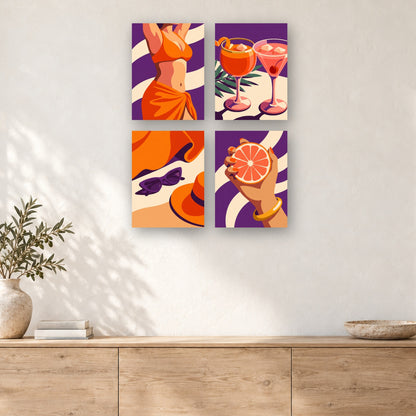 Coffret de 4 peintures par numéro Spritz et Soleil, mini-toiles présentées au mur, Maison Artsen