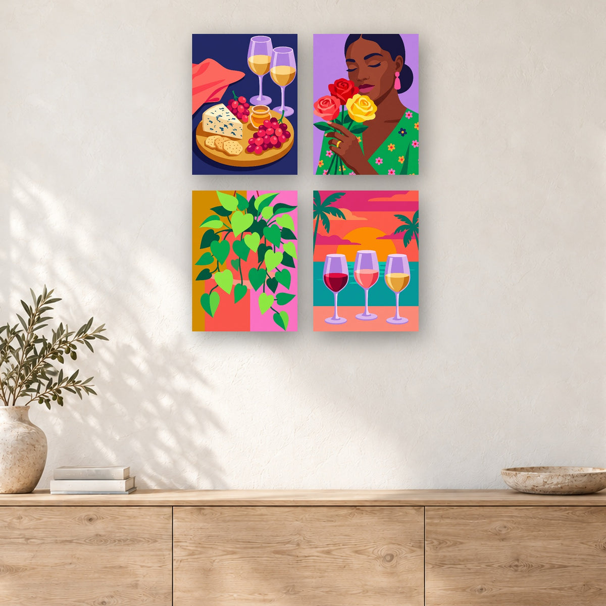 Coffret de 4 peintures par numéro Vin, Roses et Couchant, mini-toiles présentées au mur, Maison Artsen