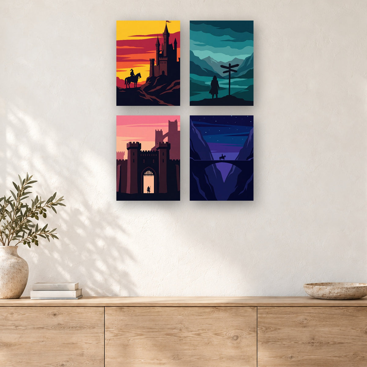 Coffret de 4 peintures par numéro Le Voyage du Cavalier, mini-toiles présentées au mur, Maison Artsen