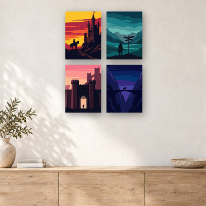 Coffret de 4 peintures par numéro Le Voyage du Cavalier, mini-toiles présentées au mur, Maison Artsen