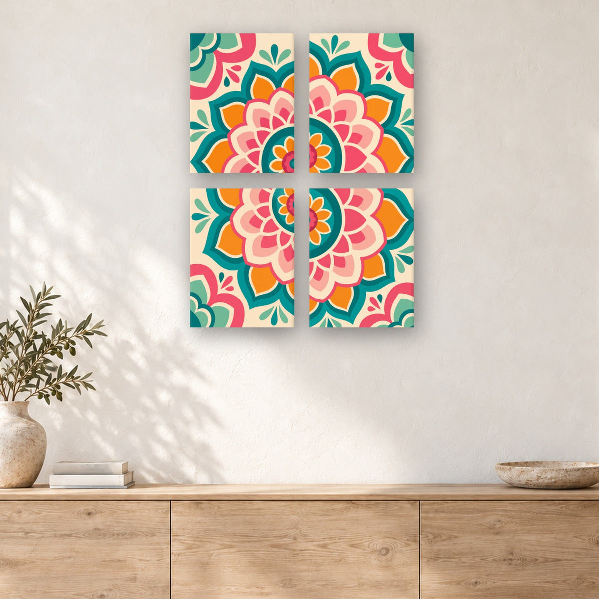 Coffret de 4 peintures par numéro Mandala en Quatre Toiles, mini-toiles présentées au mur, Maison Artsen