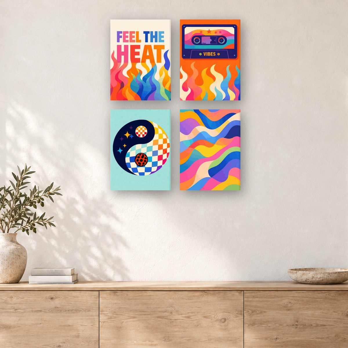 Coffret de 4 peintures par numéro Cassette et Flammes, mini-toiles présentées au mur, Maison Artsen