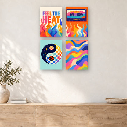 Coffret de 4 peintures par numéro Cassette et Flammes, mini-toiles présentées au mur, Maison Artsen