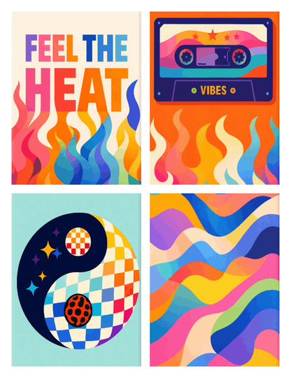 Coffret de 4 peintures par numéro Cassette et Flammes, les mini-toiles à plat, Maison Artsen