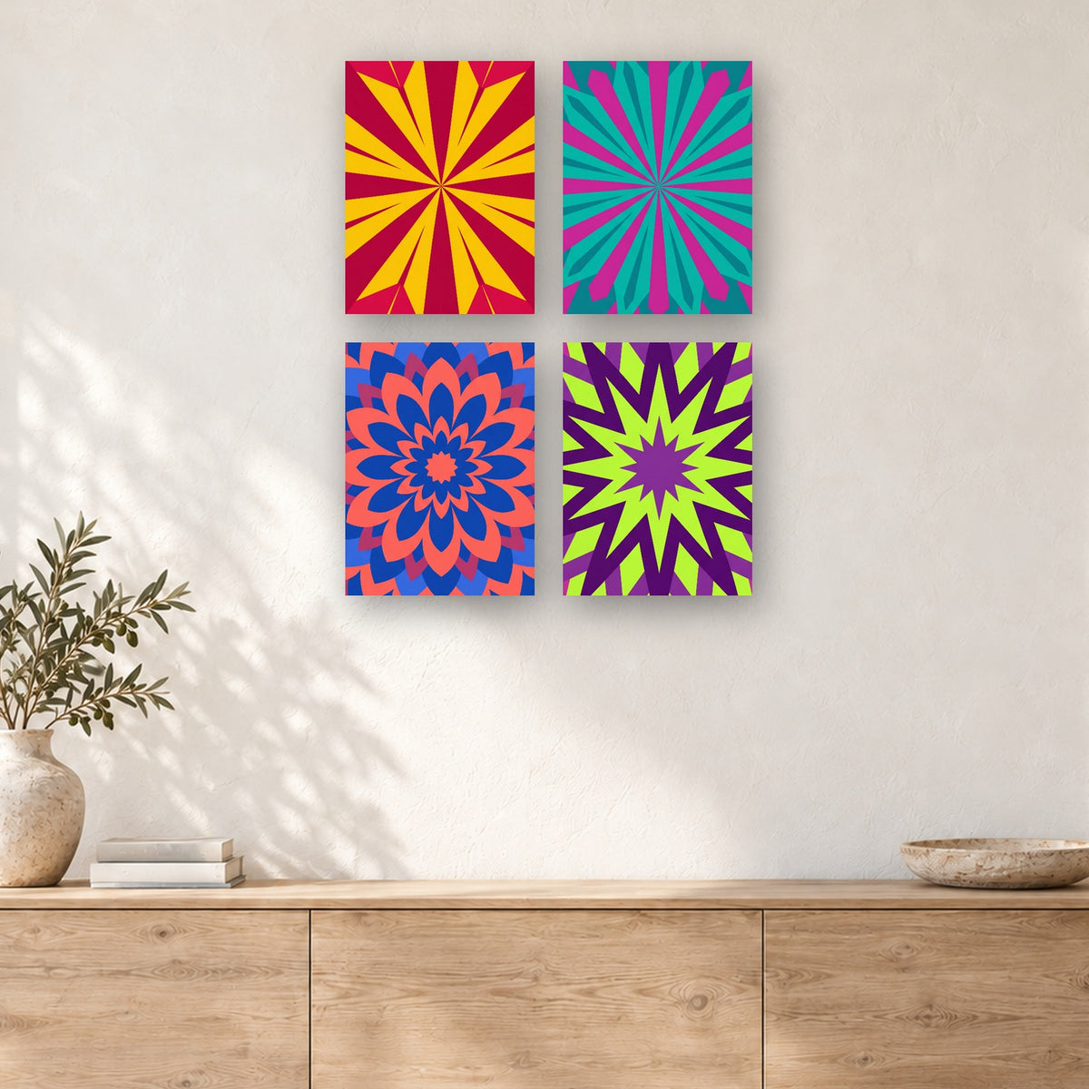 Coffret de 4 peintures par numéro Étoiles Rayonnantes, mini-toiles présentées au mur, Maison Artsen