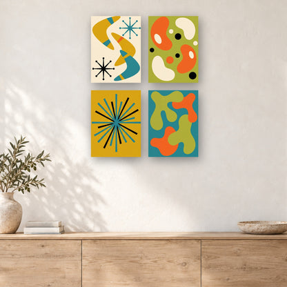 Coffret de 4 peintures par numéro Formes Années Cinquante, mini-toiles présentées au mur, Maison Artsen