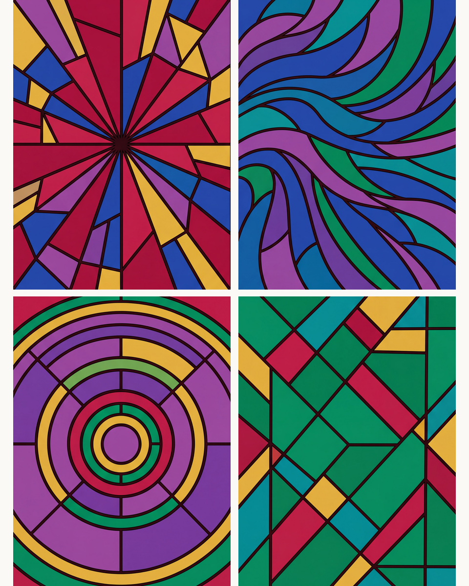 Coffret de 4 peintures par numéro Vitraux Géométriques, les mini-toiles à plat, Maison Artsen