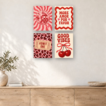 Coffret de 4 peintures par numéro Cerises et Léopard, mini-toiles présentées au mur, Maison Artsen
