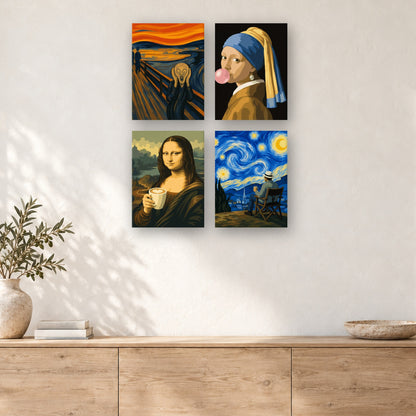 Coffret de 4 peintures par numéro Chefs-d'œuvre Revisités, mini-toiles présentées au mur, Maison Artsen