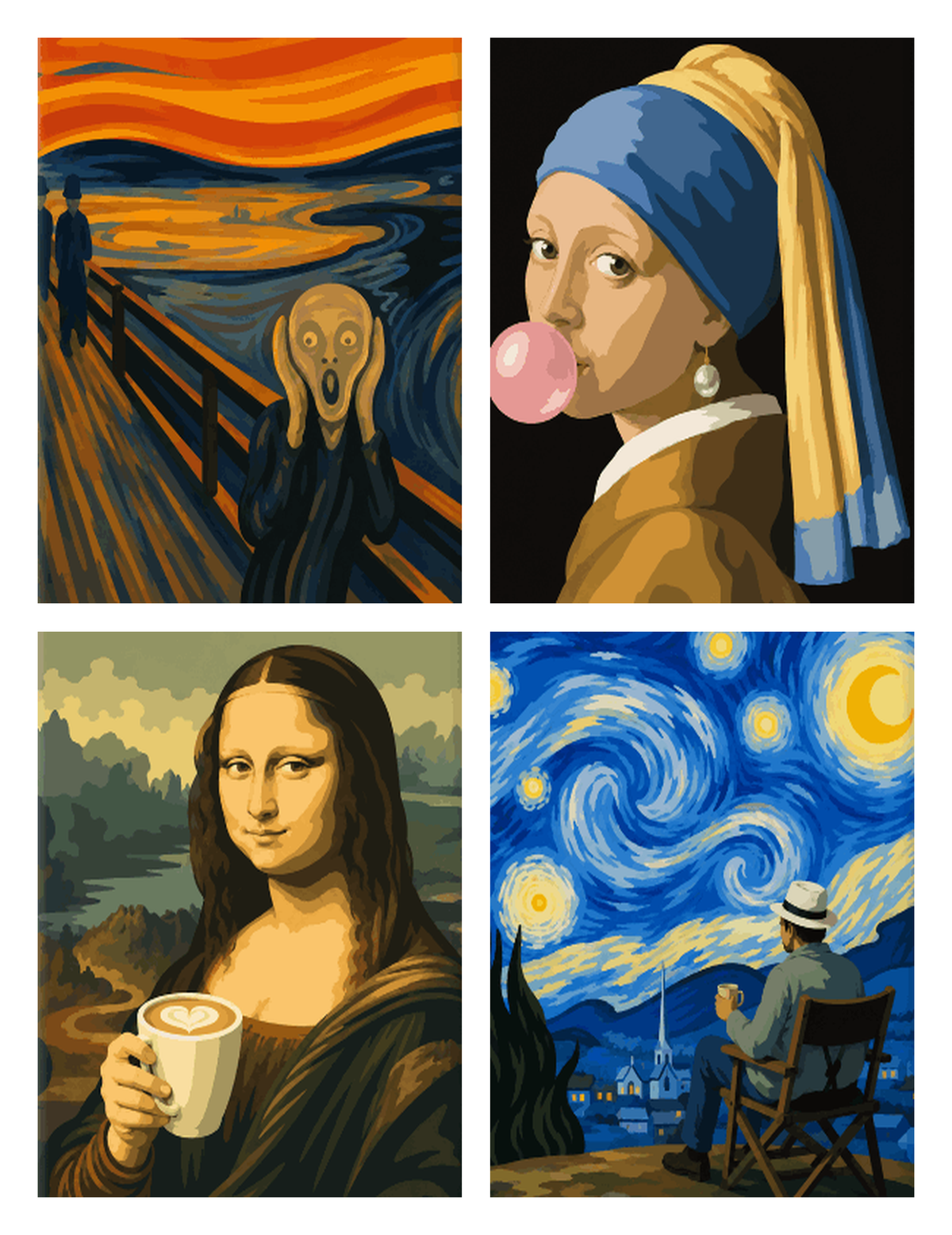 Coffret de 4 peintures par numéro Chefs-d'œuvre Revisités, les mini-toiles à plat, Maison Artsen