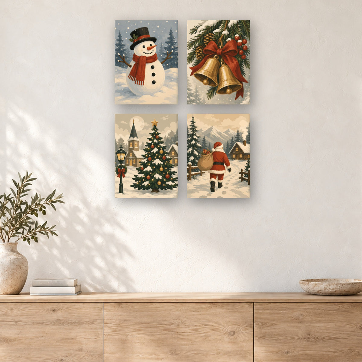 Coffret de 4 peintures par numéro Noël d'Antan, mini-toiles présentées au mur, Maison Artsen