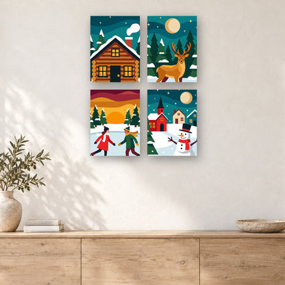 Coffret de 4 peintures par numéro Chalet, Cerf et Patineurs, mini-toiles présentées au mur, Maison Artsen