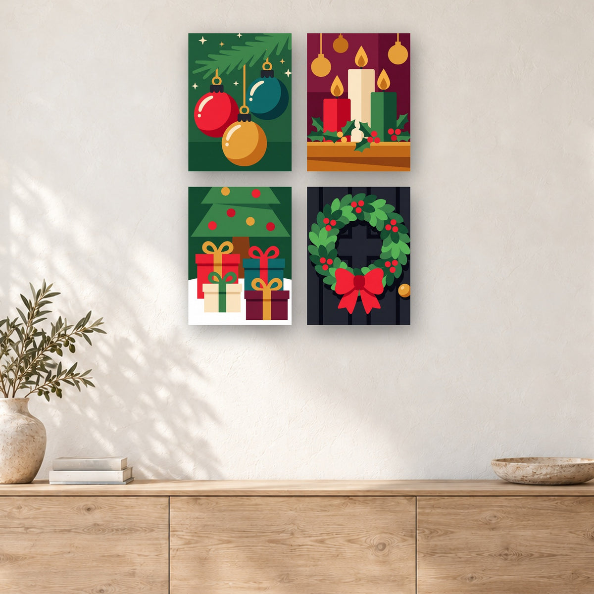 Coffret de 4 peintures par numéro Boules, Bougies et Couronne, mini-toiles présentées au mur, Maison Artsen