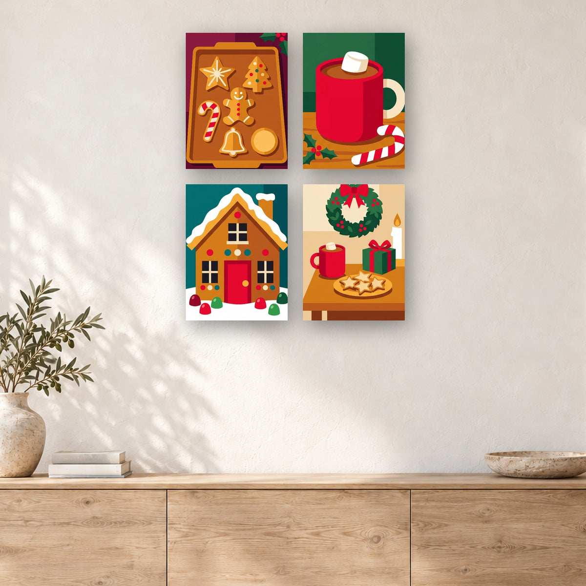 Coffret de 4 peintures par numéro Atelier Pâtisserie de Noël, mini-toiles présentées au mur, Maison Artsen