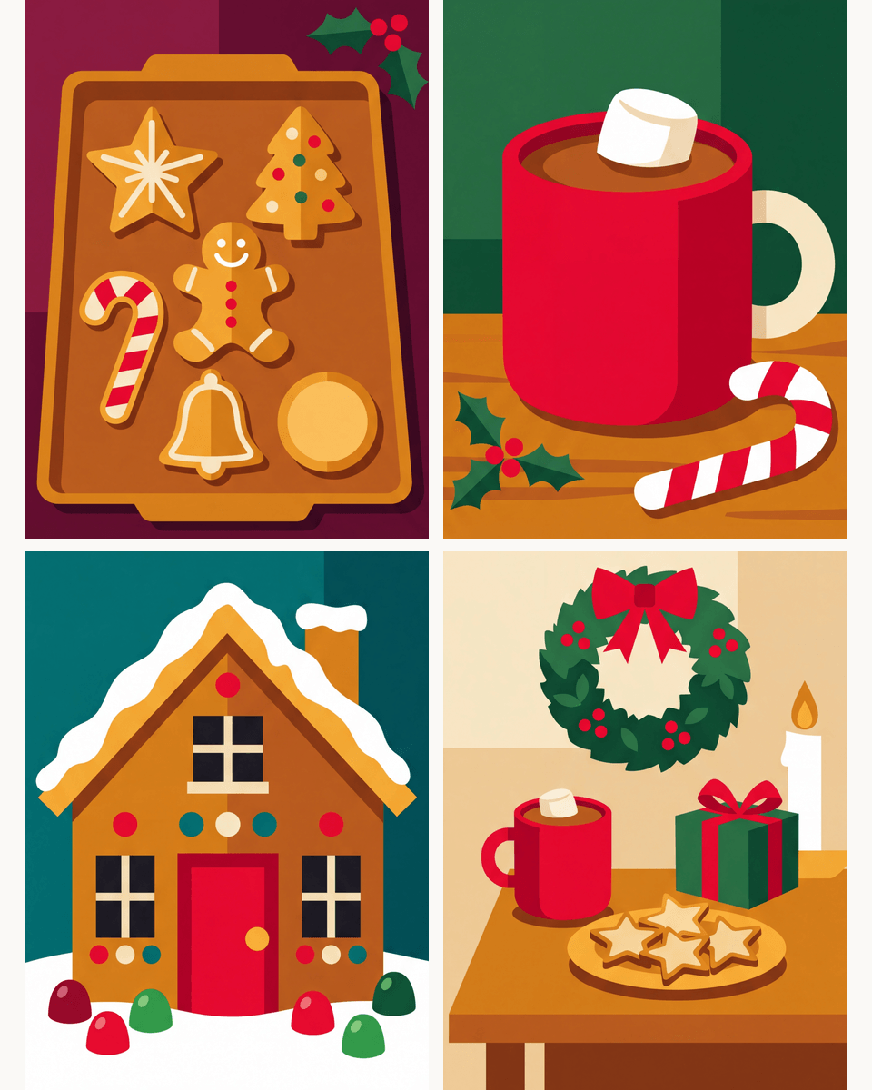 Coffret de 4 peintures par numéro Atelier Pâtisserie de Noël, les mini-toiles à plat, Maison Artsen
