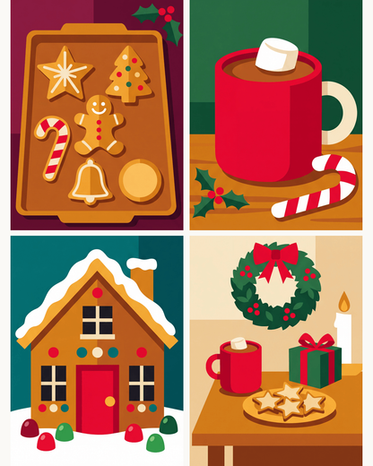 Coffret de 4 peintures par numéro Atelier Pâtisserie de Noël, les mini-toiles à plat, Maison Artsen
