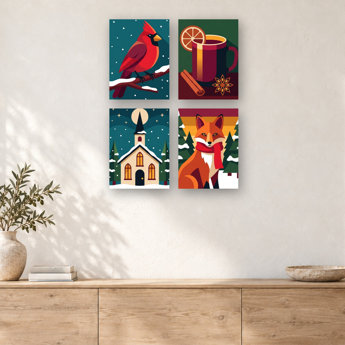 Coffret de 4 peintures par numéro Cardinal, Renard et Vin Chaud, mini-toiles présentées au mur, Maison Artsen