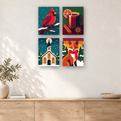 Coffret de 4 peintures par numéro Cardinal, Renard et Vin Chaud, mini-toiles présentées au mur, Maison Artsen