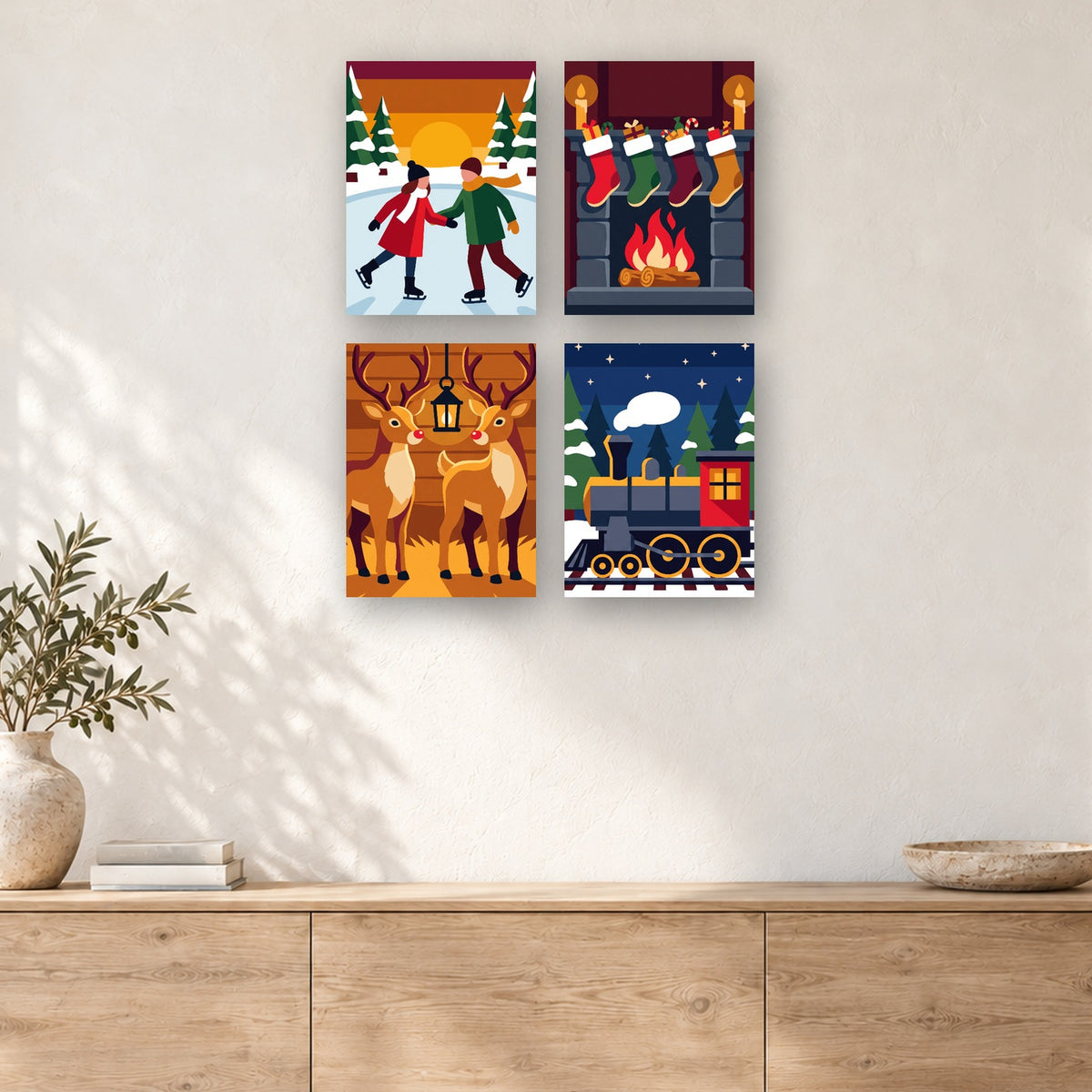 Coffret de 4 peintures par numéro Patineurs, Chaussettes et Train, mini-toiles présentées au mur, Maison Artsen
