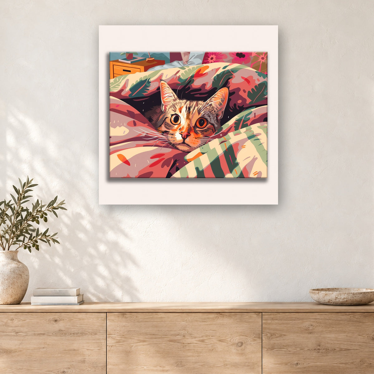 Tableau peinture par numéro Coucou sous la Couverture accroché dans un intérieur décoré, Maison Artsen