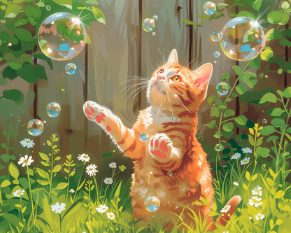 Peinture par numéro adulte Chaton et Bulles de Savon, visuel complet du design sur toile, Maison Artsen
