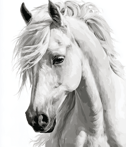 Peinture par numéro adulte Cheval Blanc de Profil, visuel complet du design sur toile, Maison Artsen