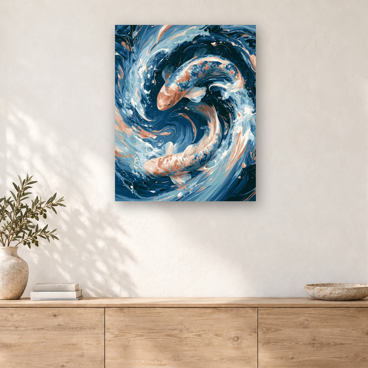 Tableau peinture par numéro Carpes dans le Tourbillon accroché dans un intérieur décoré, Maison Artsen