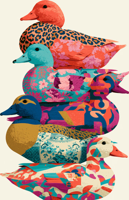 Peinture par numéro adulte Pile de Canards à Motifs, visuel complet du design sur toile, Maison Artsen