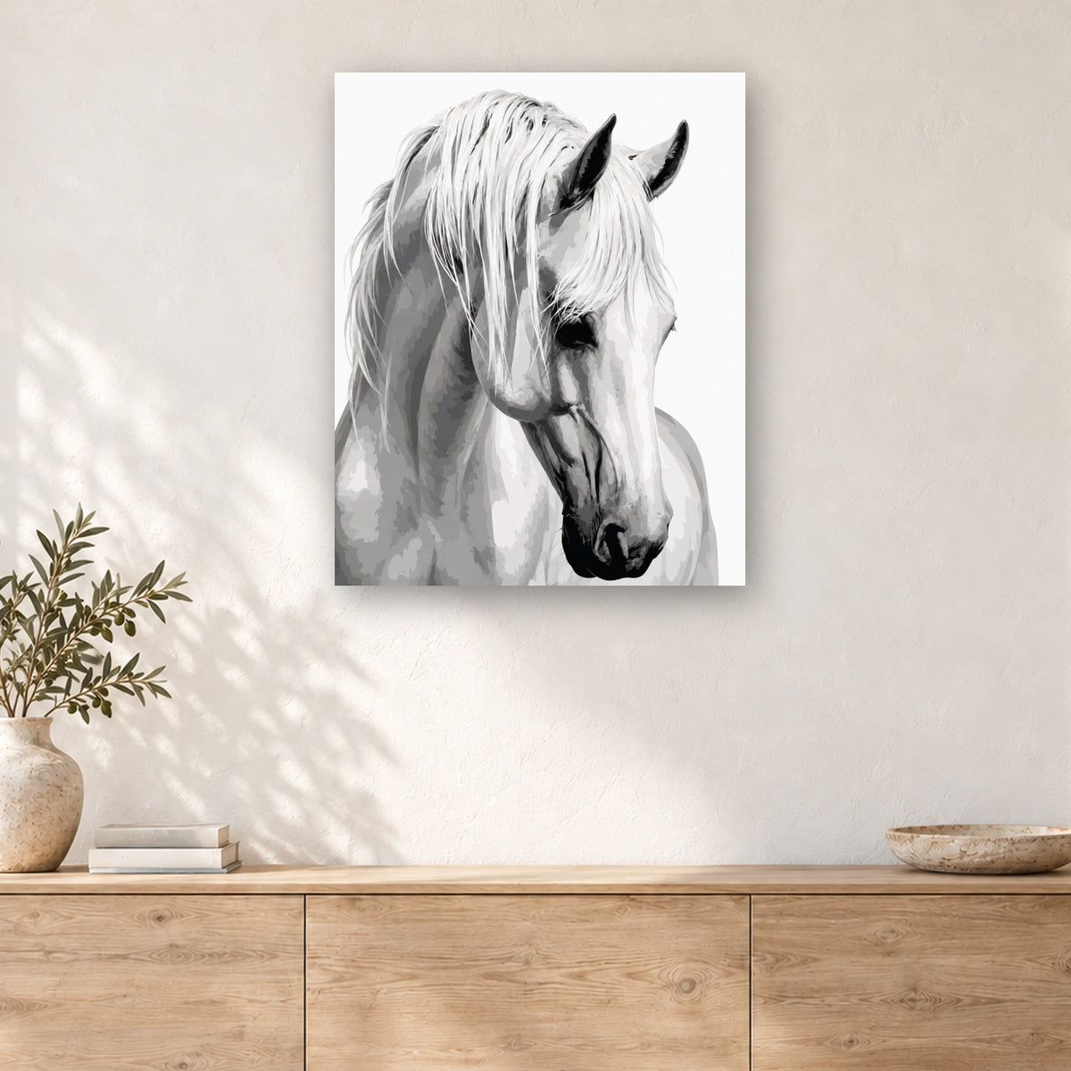 Tableau peinture par numéro Cheval à la Crinière d'Argent accroché dans un intérieur décoré, Maison Artsen