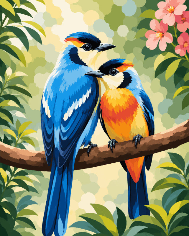 Peinture par numéro adulte Oiseaux Amoureux sur la Branche, visuel complet du design sur toile, Maison Artsen
