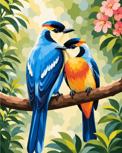 Peinture par numéro adulte Oiseaux Amoureux sur la Branche, visuel complet du design sur toile, Maison Artsen