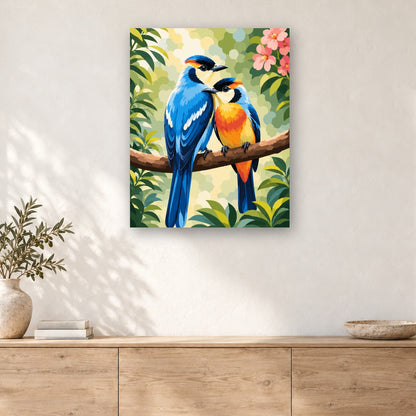 Tableau peinture par numéro Oiseaux Amoureux sur la Branche accroché dans un intérieur décoré, Maison Artsen
