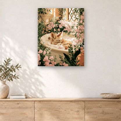 Tableau peinture par numéro Renard au Bain Moussant accroché dans un intérieur décoré, Maison Artsen